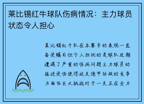 莱比锡红牛球队伤病情况：主力球员状态令人担心